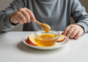 Child dipping honey stick into bowl of honey with apple slices on Hanukkah