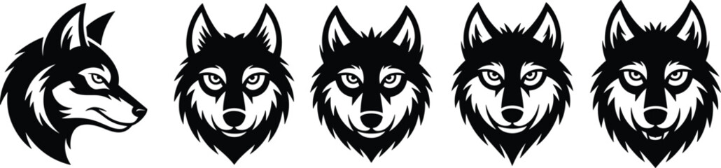 Wolf head illustration, wild animal logo design, fierce predator face, tribal wolf artwork, tattoo style drawing, mascot emblem, vector silhouette