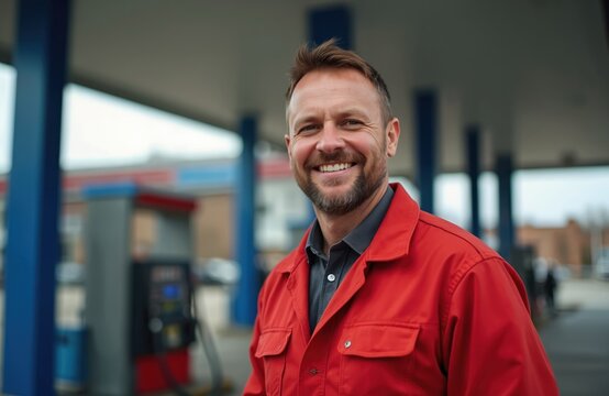 Middle-aged man, gas station employee, smiles warmly wearing red uniform. Stands near fuel pumps providing service to automotive clients during workday. Occupation as provider in retail fuel industry