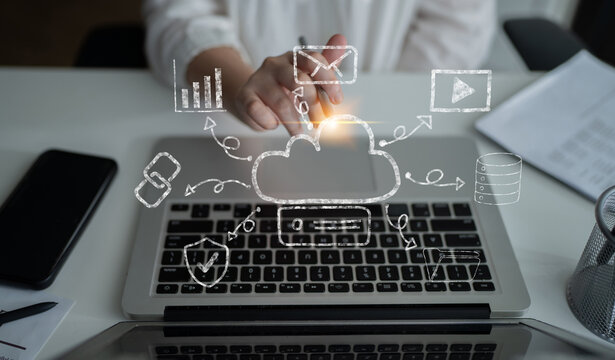 A hand drawn doodle of a cloud computing services ecosystem. A creative sketch of a network for data storage, sharing, and online applications. Motif