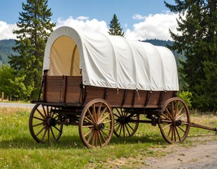 Vintage covered wagon in meadow