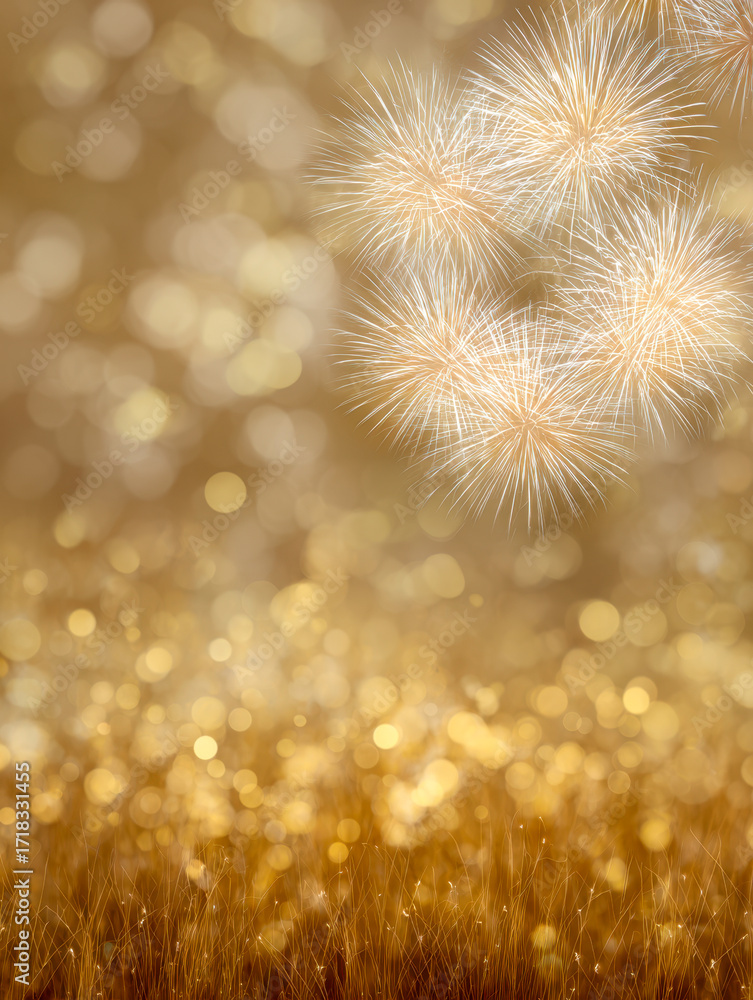 Aufkleber golden festive background with sparkling light bokeh effects and delicate firework bursts creating a