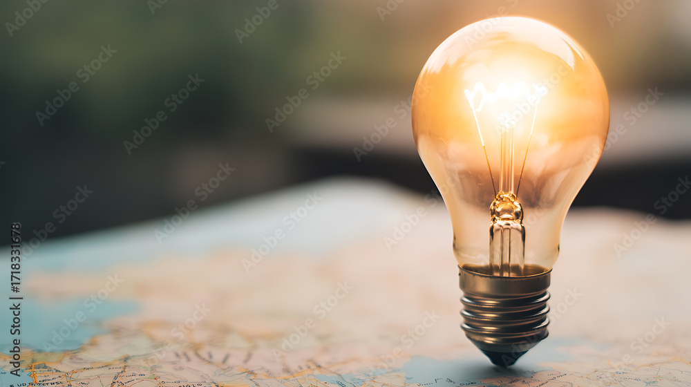 Poster bright idea: lit lightbulb on a map symbolizing innovation, exploration, and the spark of inspiratio