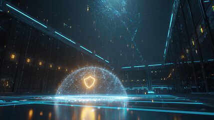 Futuristic data center with glowing shield hologram and digital network connections
