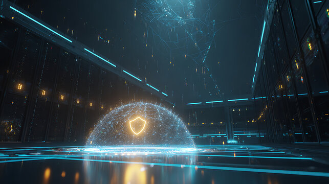 Futuristic data center with glowing shield hologram and digital network connections