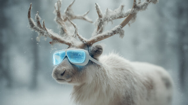 Cute deer in snowy environment wearing blue glasses, celebrating Christmas, highlighting festive mood, winter landscape, and playful holiday spirit.