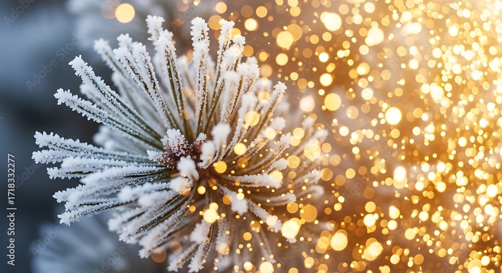 Aufkleber a closeup of a frosted pine branch with golden bokeh lights creating a warm and festive winter atmos