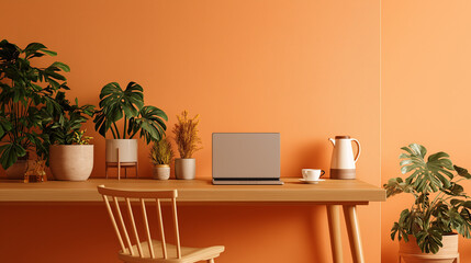 Minimalist home office workspace with laptop placed against an orange background, featuring clean lines, modern setup, and organized aesthetic.