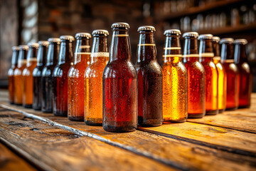 Assorted glass bottles of craft beer arranged on a rustic wooden table