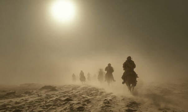 Horse riders navigate desert landscape in harsh sunlight.
