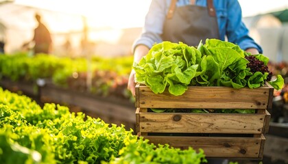Farmer harvesting fresh greens in wooden crate