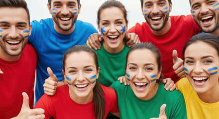 Cheerful crowd cheers, expressing support with painted faces and vibrant clothing. Cheerful crowd embodies joy, unity, and passionate cheering for games.