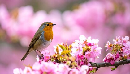 A robin perched on a branch of blossoming pink flowers