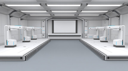 Modern laboratory interior with robotic arms and central projection screen