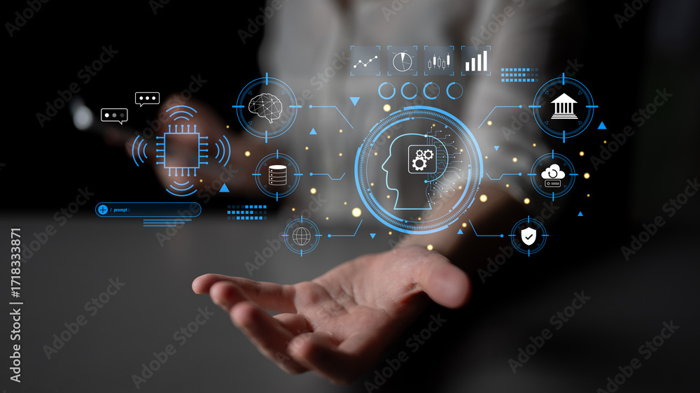 Poster an advanced ai system for business and financial analysis. a futuristic interface for commanding an 