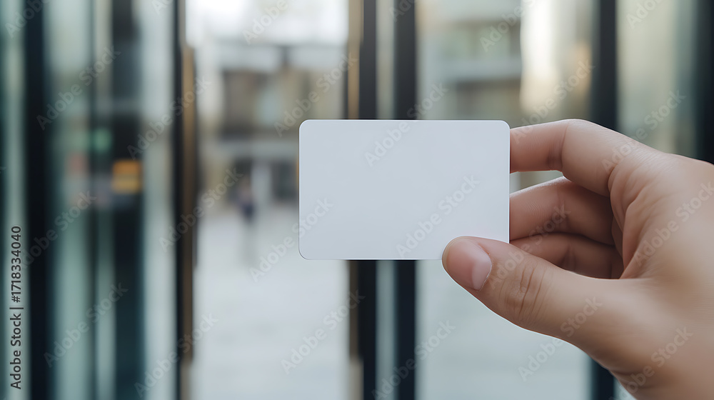 Poster blank card held in hand. person holding a blank rectangular card in front of a window or doorway. id