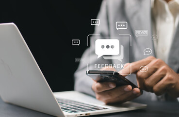 Manager collects information from customer satisfaction to develop products and services, Feedback concept, user comment rating online, writing feedback review, reputation management.