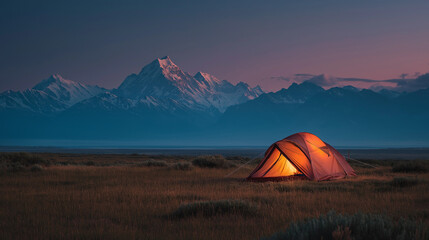 Illuminated tent on a grassy plain at dusk, with mountains in the background, creating a serene and atmospheric outdoor scene.
