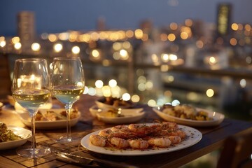 Romantic Rooftop Dinner with City Lights