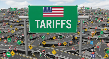 A green tariffs sign with the american flag over a complex network of roads and various traffic signs