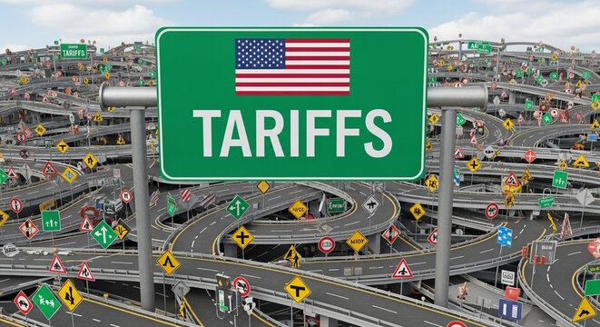 A green tariffs sign with the american flag over a complex network of roads and various traffic signs
