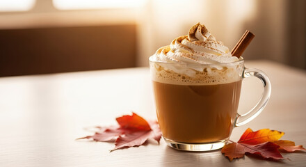 Autumn drink, a pumpkin spice latte with whipped cream and cinnamon stick on table with leaves, presents cozy fall vibes. This warm autumn drink is a seasonal beverage.