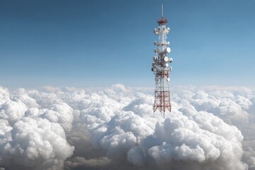 Telecommunication tower rises above dense clouds in a clear blue sky
