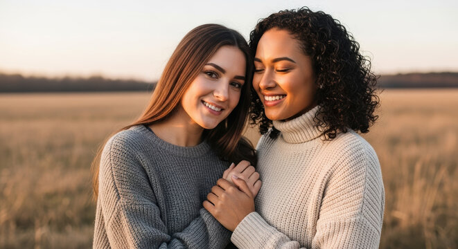 Capturing friendship between two women smiling and holding hands in golden field. Celebrating friendship between two women, bonding over shared moments, creating memories in vast field.