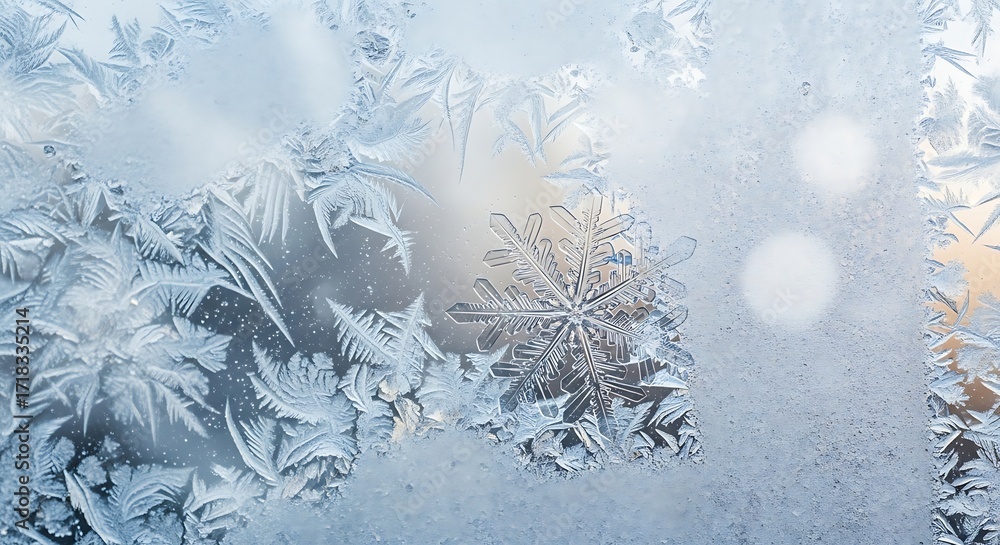 Aufkleber intricate frost patterns on a window pane, creating a delicate winter scene with natural ice crystal