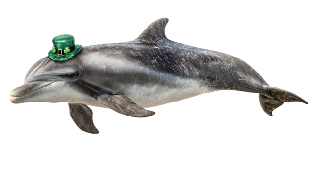 Dolphin wearing a green hat isolated on transparent background