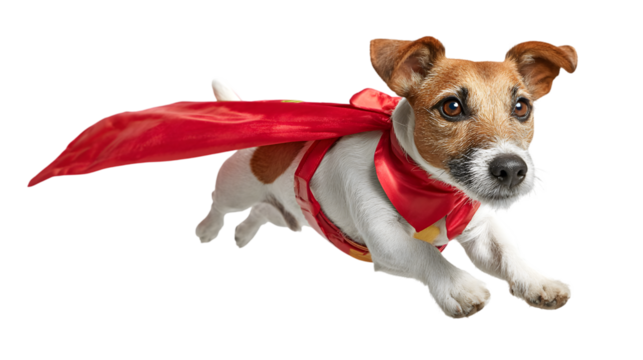 Jack russell terrier dog dressed as a superhero with a red cape isolated on transparent background