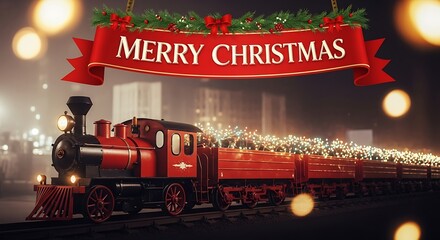 A festive christmas train with a red locomotive and carriages adorned with twinkling lights under a merry christmas banner, creating a magical holiday scene