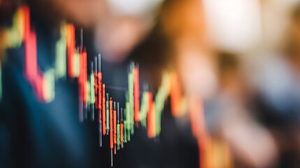 Close-up of a financial candlestick chart with blurred background showing people in a meeting setting