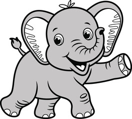 Cute baby elephant character with a happy smile and outstretched trunk, a cheerful animal illustration, a flat vector illustration