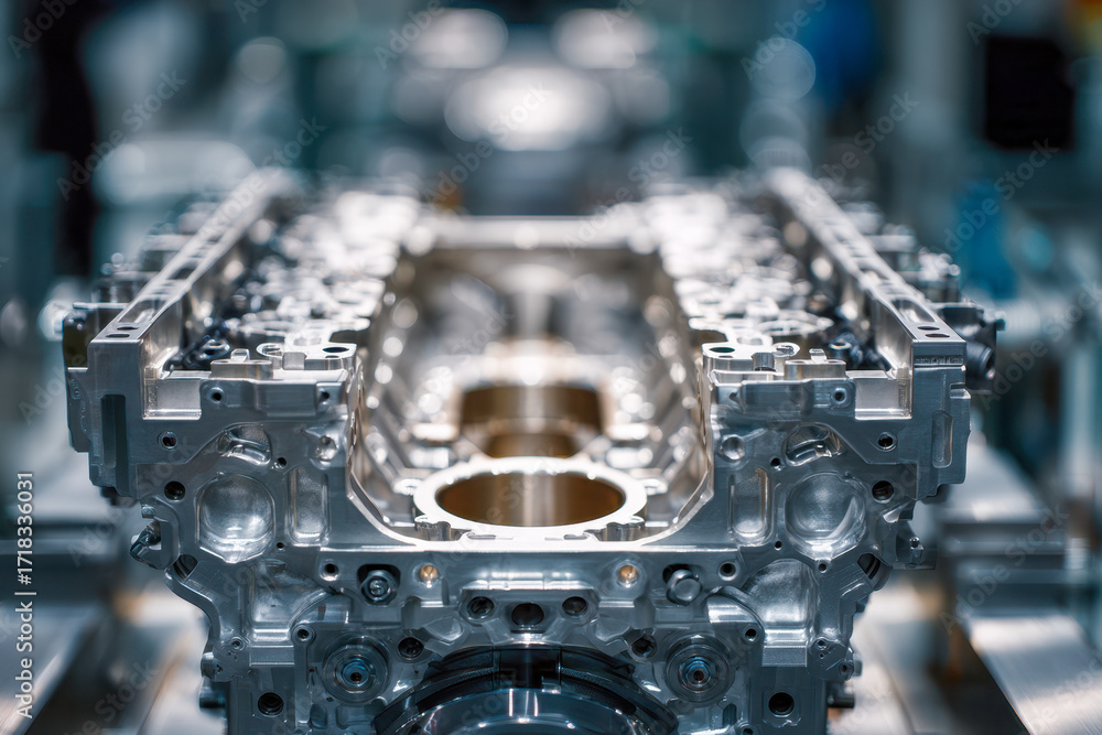 Poster Precision-engineered metal engine block component in an advanced manufacturing facility showcasing intricate mechanical design and industrial craftsmanship