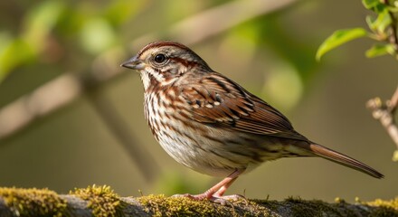 Detailed Portrait of a Song Sparrow Perched on a Moss Covered Branch in Soft Sunlight