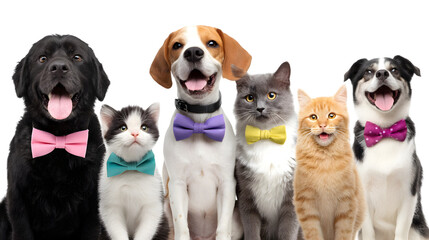 Fototapeta premium Group of dogs and cats wearing bow ties isolated on transparent background