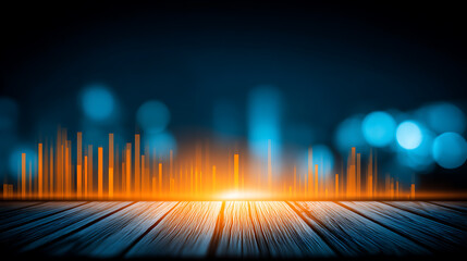 Abstract digital audio waveform visualization on wooden surface with glowing orange bars and bokeh background
