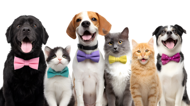 Group of dogs and cats wearing bow ties isolated on transparent background