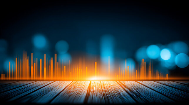 Abstract digital audio waveform visualization on wooden surface with glowing orange bars and bokeh background