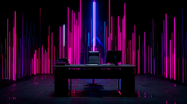 A futuristic office setup with a desk and chair illuminated by vertical neon lights in a dark room - Powered by Adobe