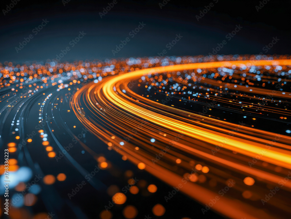 Poster futuristic high-speed data transmission visualization with glowing streaks and digital particles ill