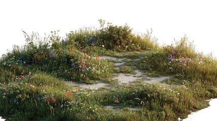 PNG of Lush green hill with vibrant wildflowers in bloom, evoking a serene and tranquil atmosphere.