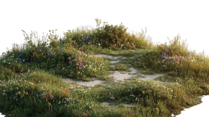 PNG of Lush green hill with vibrant wildflowers in bloom, evoking a serene and tranquil atmosphere.