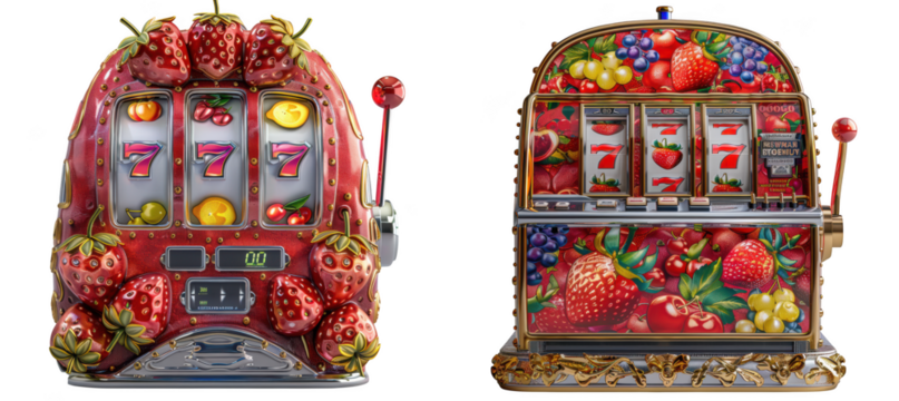 Two decorative slot machines adorned with fresh strawberries and assorted fruits, isolated on transparent background