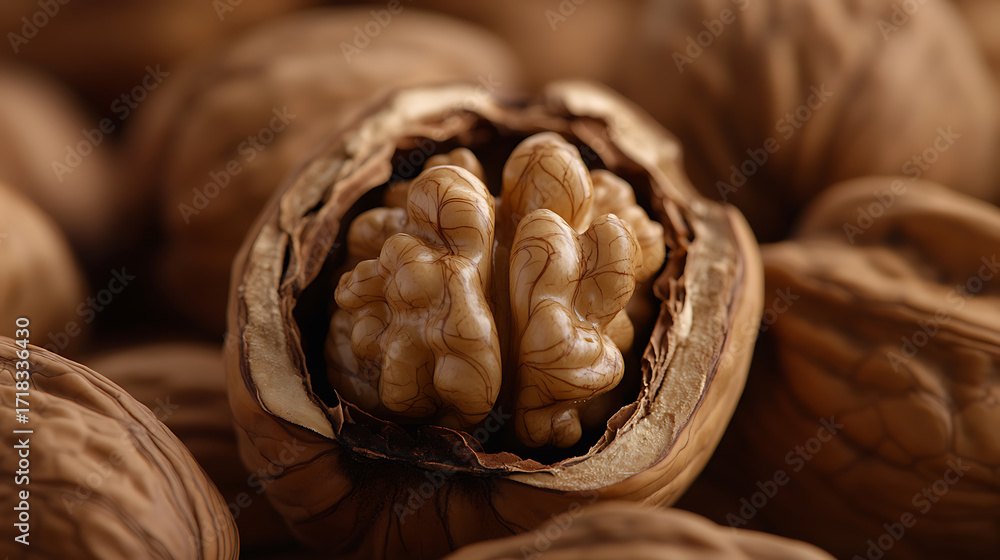 Poster close-up of an open walnut, revealing its kernel. the walnut is surrounded by other whole walnuts, c