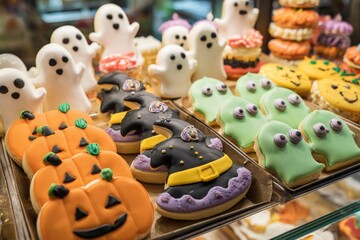 Obraz premium A variety of Halloween-themed cookies are displayed at a bakery. The treats feature colorful designs like ghosts, pumpkins, and witches, capturing the festive spirit of the holiday