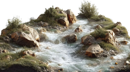 PNG of A serene stream flows over smooth rocks and lush greenery, creating a peaceful natural scene.