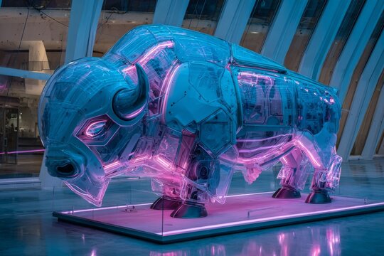 Sculpture of a translucent bison illuminated with purple lighting in a modern architectural space