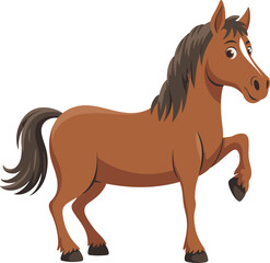 Cute brown horse character standing with one leg raised, a cartoon illustration symbolizing farm animals, strength, and grace, a flat vector illustration
